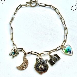 Handmade Charm Choker Necklace with Tiger, Camera, Flower Heart, Butterfly, Moon